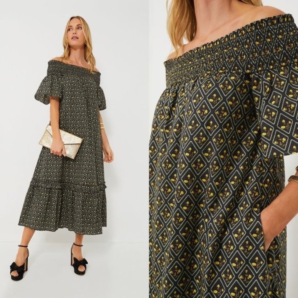 HYACINTH HOUSE Dress Small Black Floral Smocked Off The Shoulder Tuckernuck NEW - Picture 2 of 16
